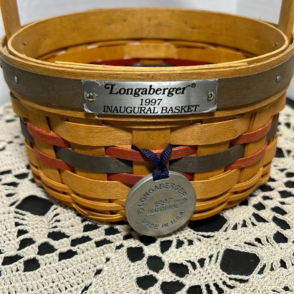 RARE 1997 yr Longaberger Inaugural Basket, Patriotic Liner, Protector & Tie-On